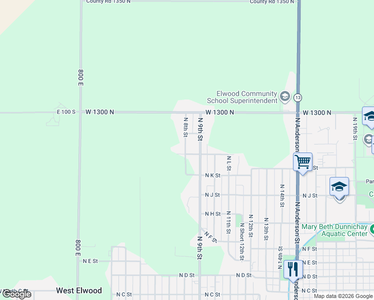 map of restaurants, bars, coffee shops, grocery stores, and more near 1237 North 8th Street in Elwood