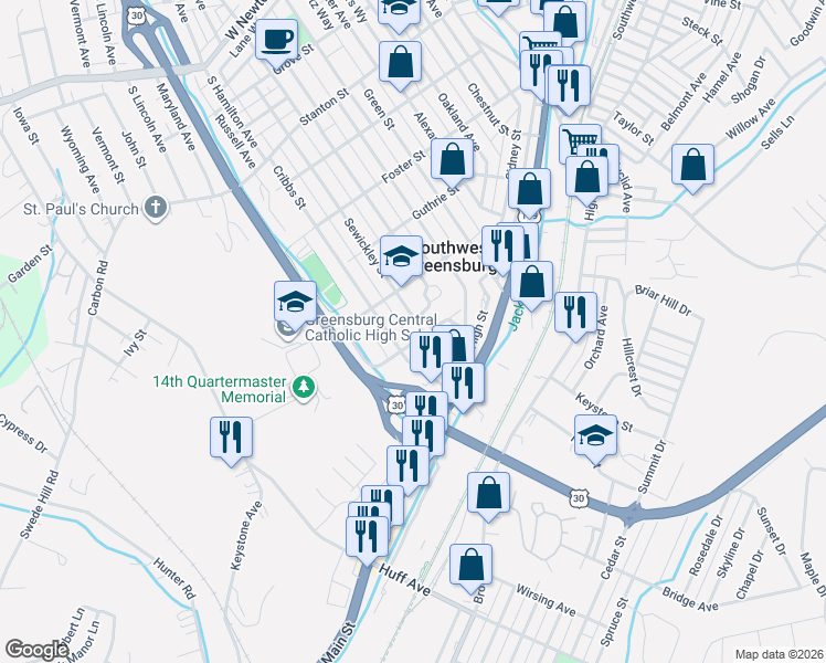 map of restaurants, bars, coffee shops, grocery stores, and more near 908 Sewickley Street in Greensburg