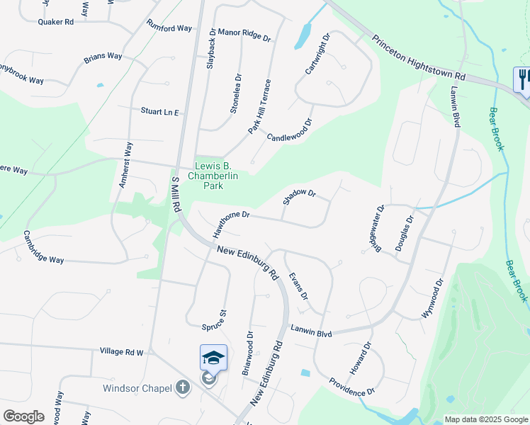 map of restaurants, bars, coffee shops, grocery stores, and more near 21 Hawthorne Drive in West Windsor Township