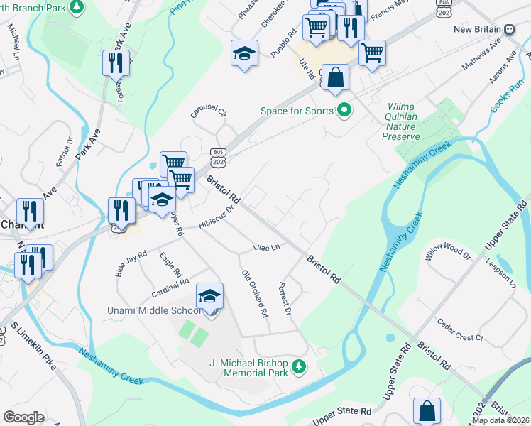 map of restaurants, bars, coffee shops, grocery stores, and more near 116 Bristol Road in Chalfont