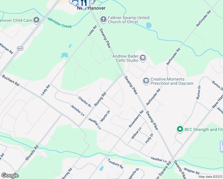 map of restaurants, bars, coffee shops, grocery stores, and more near 2582 Romig Road in Gilbertsville