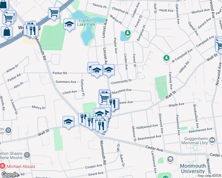 map of restaurants, bars, coffee shops, grocery stores, and more near 146 Locust Avenue in West Long Branch