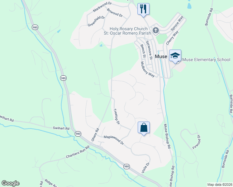 map of restaurants, bars, coffee shops, grocery stores, and more near 368 Treetop Drive in Canonsburg