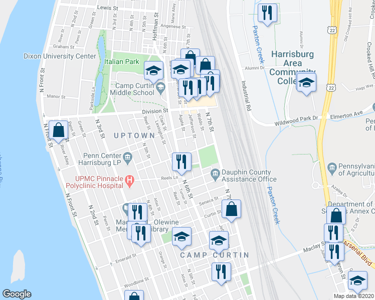 map of restaurants, bars, coffee shops, grocery stores, and more near 630 Radnor Street in Harrisburg