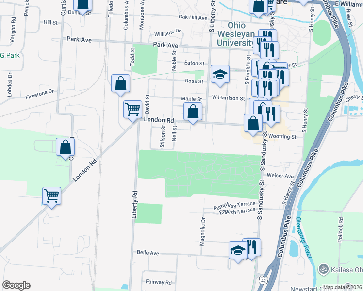 map of restaurants, bars, coffee shops, grocery stores, and more near 334 South Sandusky Street in Delaware