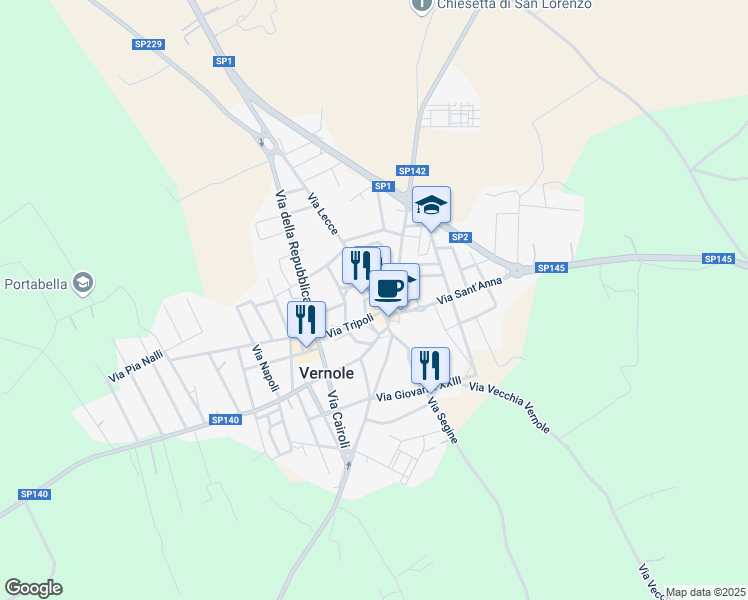 map of restaurants, bars, coffee shops, grocery stores, and more near 2 Piazza Vittorio Veneto in Vernole