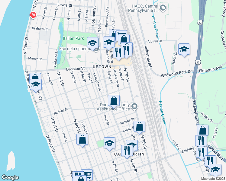 map of restaurants, bars, coffee shops, grocery stores, and more near 630 Radnor Street in Harrisburg