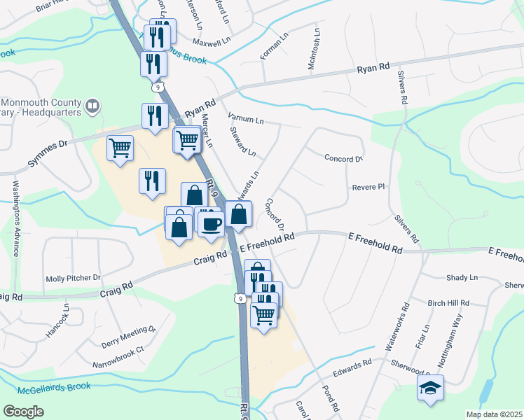 map of restaurants, bars, coffee shops, grocery stores, and more near 82 Congress Court in Freehold