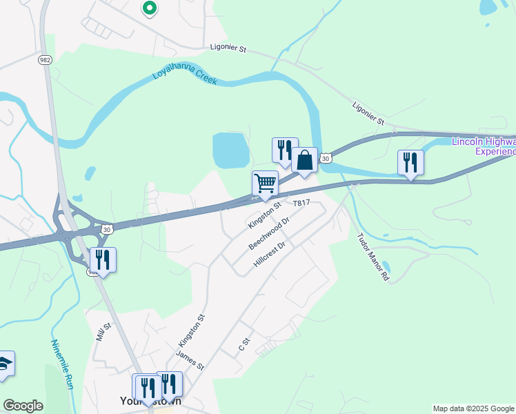map of restaurants, bars, coffee shops, grocery stores, and more near 119 Edgewater Village in Latrobe