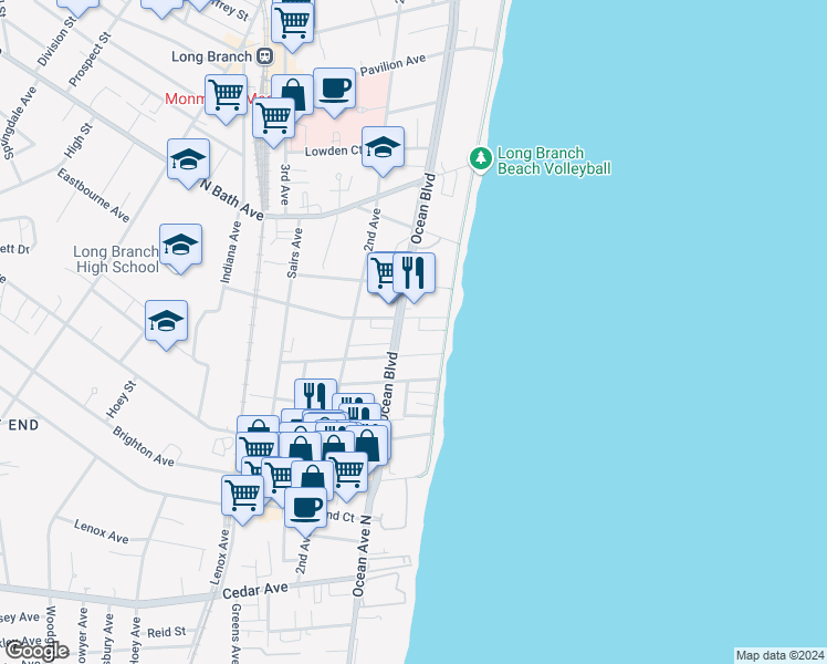 map of restaurants, bars, coffee shops, grocery stores, and more near 455 Ocean Boulevard in Long Branch