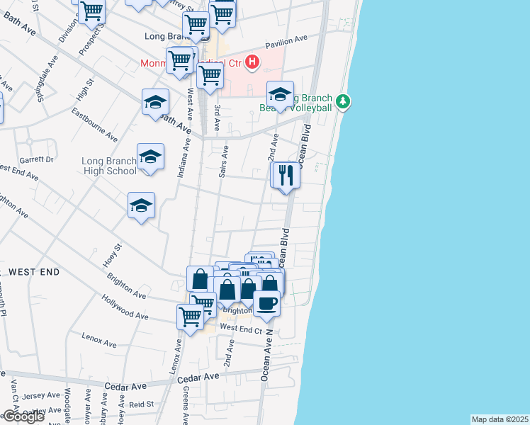 map of restaurants, bars, coffee shops, grocery stores, and more near 470 Ocean Boulevard in Long Branch