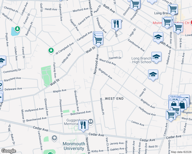 map of restaurants, bars, coffee shops, grocery stores, and more near 34 Monmouth Place in Long Branch