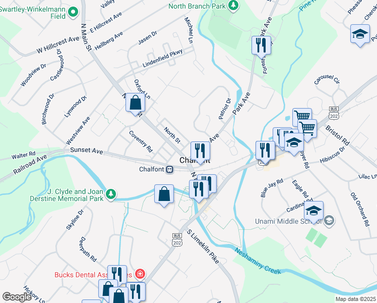 map of restaurants, bars, coffee shops, grocery stores, and more near 130 North Main Street in Chalfont