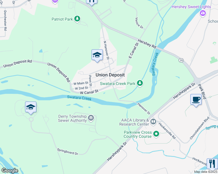 map of restaurants, bars, coffee shops, grocery stores, and more near 120 South Hanover Street in Hershey