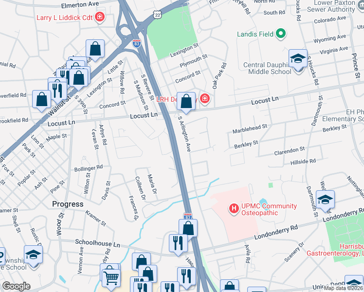 map of restaurants, bars, coffee shops, grocery stores, and more near 510 South Arlington Avenue in Harrisburg
