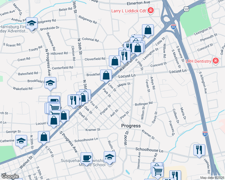 map of restaurants, bars, coffee shops, grocery stores, and more near 62 Park Street in Harrisburg