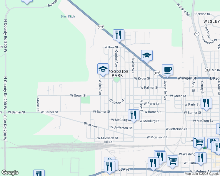 map of restaurants, bars, coffee shops, grocery stores, and more near 906 Central Avenue in Frankfort