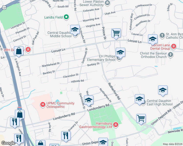 map of restaurants, bars, coffee shops, grocery stores, and more near 4715 Clarendon Street in Harrisburg