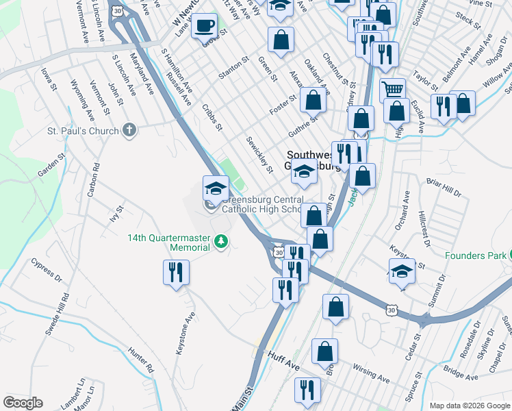 map of restaurants, bars, coffee shops, grocery stores, and more near 805 Kemp Street in Greensburg