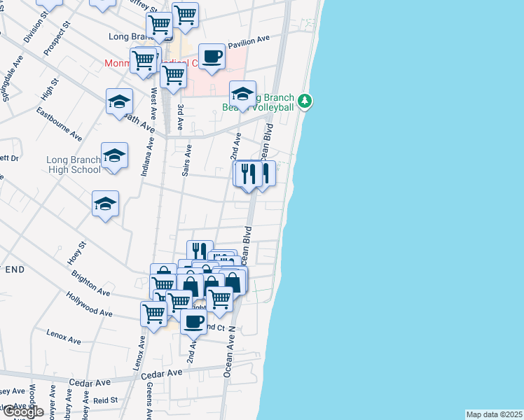 map of restaurants, bars, coffee shops, grocery stores, and more near 455 Ocean Boulevard in Long Branch