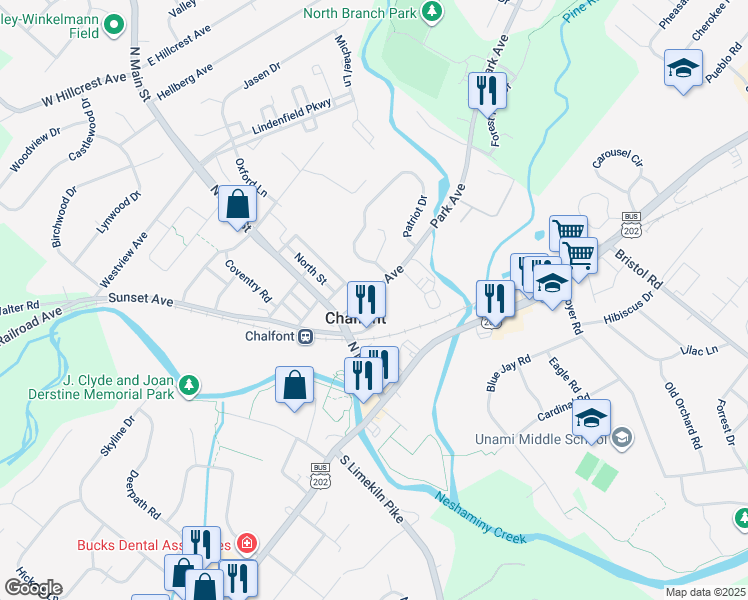 map of restaurants, bars, coffee shops, grocery stores, and more near 26 Park Avenue in Chalfont