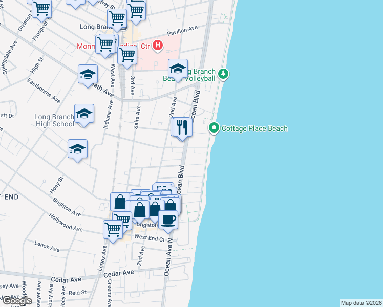 map of restaurants, bars, coffee shops, grocery stores, and more near 26 Avery Avenue in Long Branch