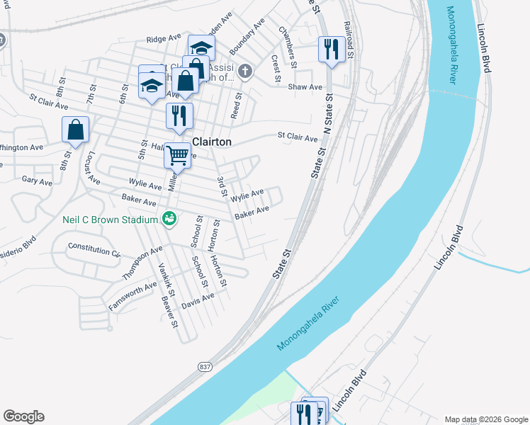 map of restaurants, bars, coffee shops, grocery stores, and more near 167 Glick Street in Clairton