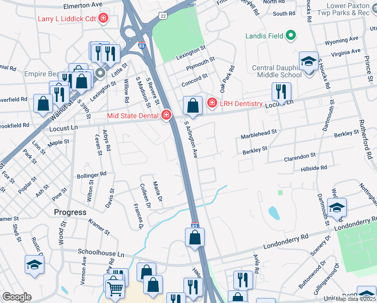 map of restaurants, bars, coffee shops, grocery stores, and more near 400 South Arlington Avenue in Harrisburg
