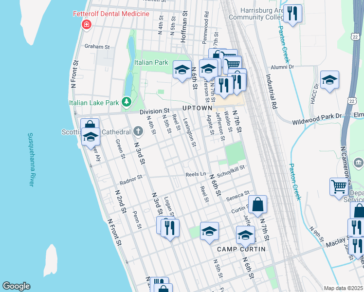 map of restaurants, bars, coffee shops, grocery stores, and more near 2636 Reel Street in Harrisburg