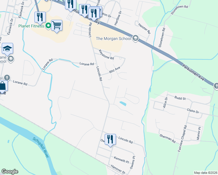 map of restaurants, bars, coffee shops, grocery stores, and more near 604 Brookstone Drive in Reading