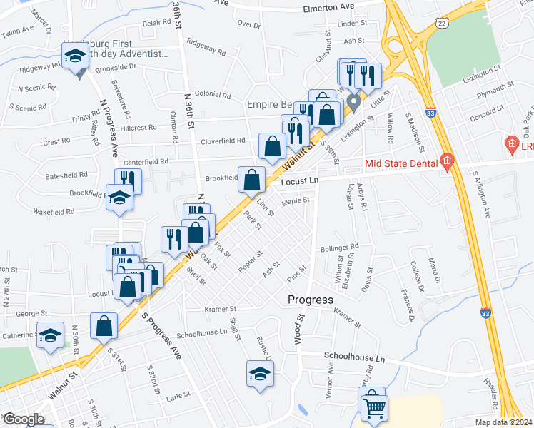 map of restaurants, bars, coffee shops, grocery stores, and more near 7 Linn Street in Harrisburg
