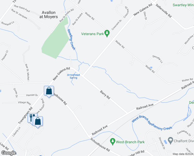 map of restaurants, bars, coffee shops, grocery stores, and more near 91 Barry Road in Chalfont
