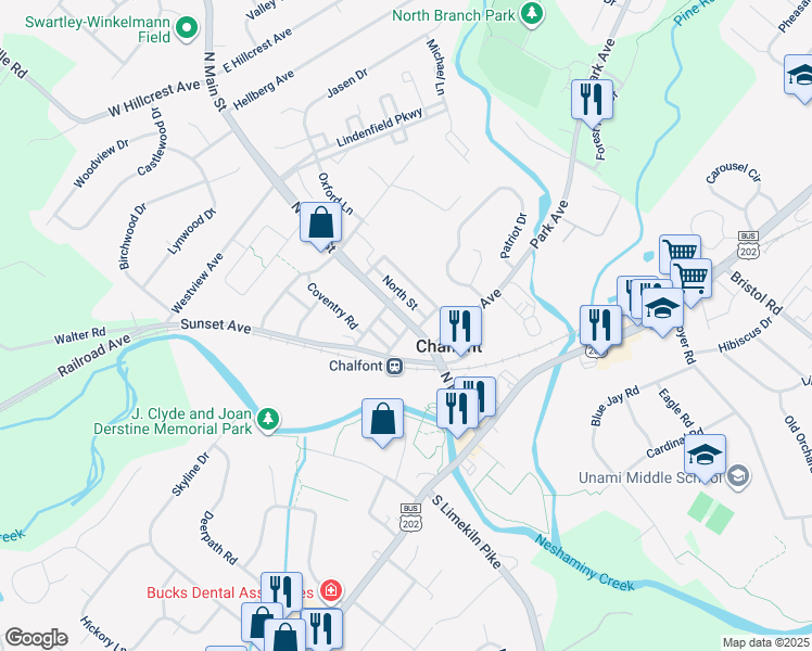 map of restaurants, bars, coffee shops, grocery stores, and more near 152 North Main Street in Chalfont