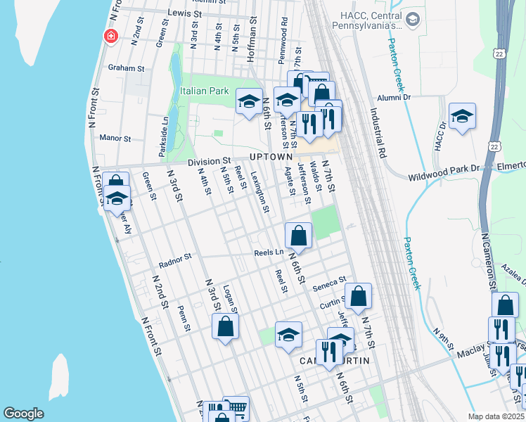 map of restaurants, bars, coffee shops, grocery stores, and more near 2630 Lexington Street in Harrisburg