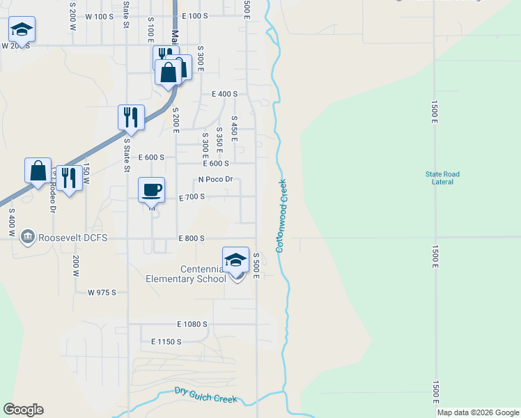 map of restaurants, bars, coffee shops, grocery stores, and more near 735 South 500 East in Roosevelt