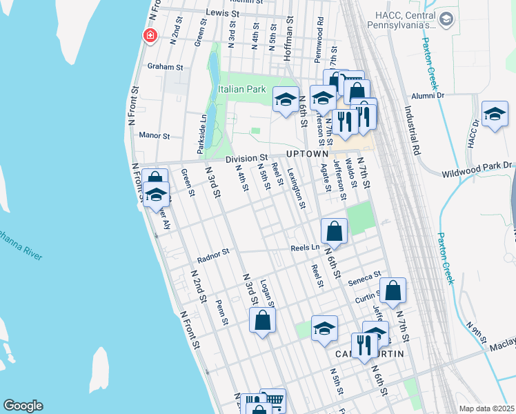 map of restaurants, bars, coffee shops, grocery stores, and more near 407 Wiconisco Street in Harrisburg