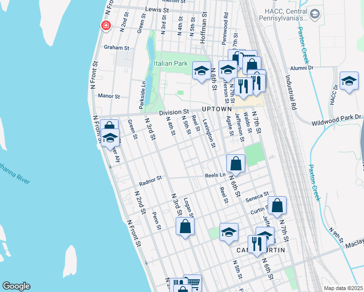 map of restaurants, bars, coffee shops, grocery stores, and more near 407 Wiconisco Street in Harrisburg