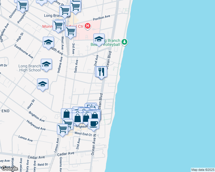 map of restaurants, bars, coffee shops, grocery stores, and more near 455 Ocean Boulevard in Long Branch