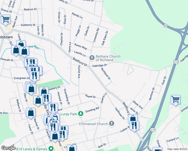 map of restaurants, bars, coffee shops, grocery stores, and more near 2762 Bedford Street in Johnstown