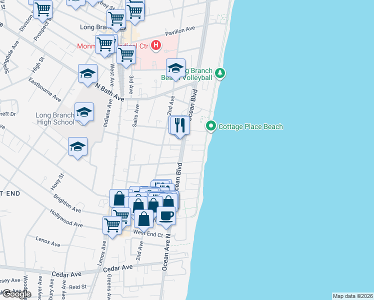map of restaurants, bars, coffee shops, grocery stores, and more near 480 Ocean Boulevard in Long Branch