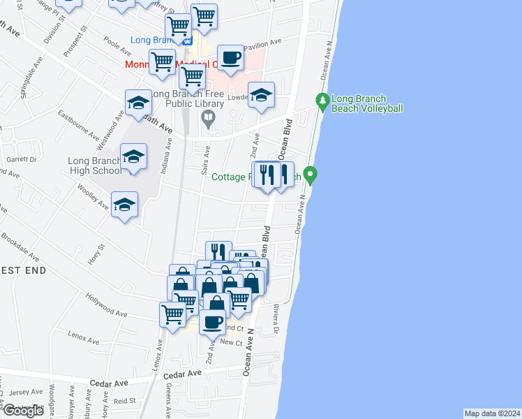 map of restaurants, bars, coffee shops, grocery stores, and more near 470 Ocean Boulevard in Long Branch
