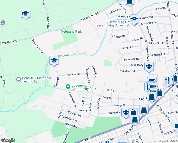 map of restaurants, bars, coffee shops, grocery stores, and more near 1722 Evergreen Road in Harrisburg