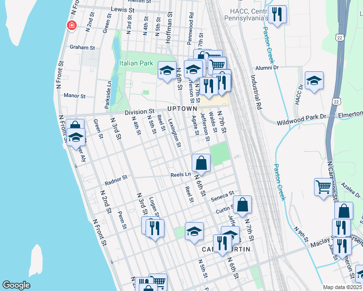 map of restaurants, bars, coffee shops, grocery stores, and more near 2600 North 6th Street in Harrisburg