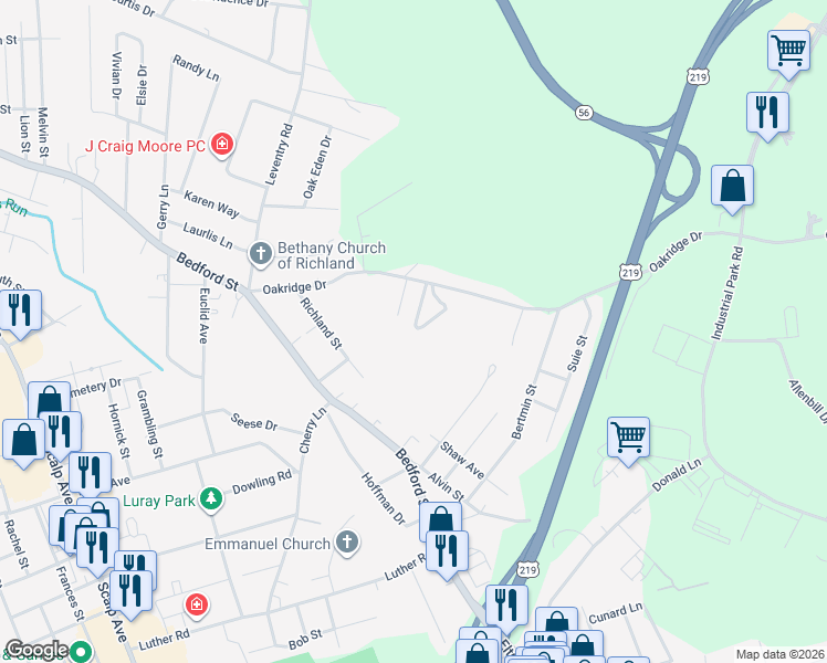 map of restaurants, bars, coffee shops, grocery stores, and more near 100-198 Ashlyn Dr in Johnstown