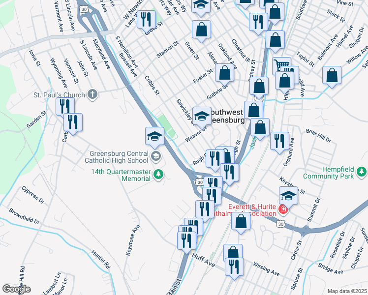 map of restaurants, bars, coffee shops, grocery stores, and more near 805 Kemp Street in Greensburg