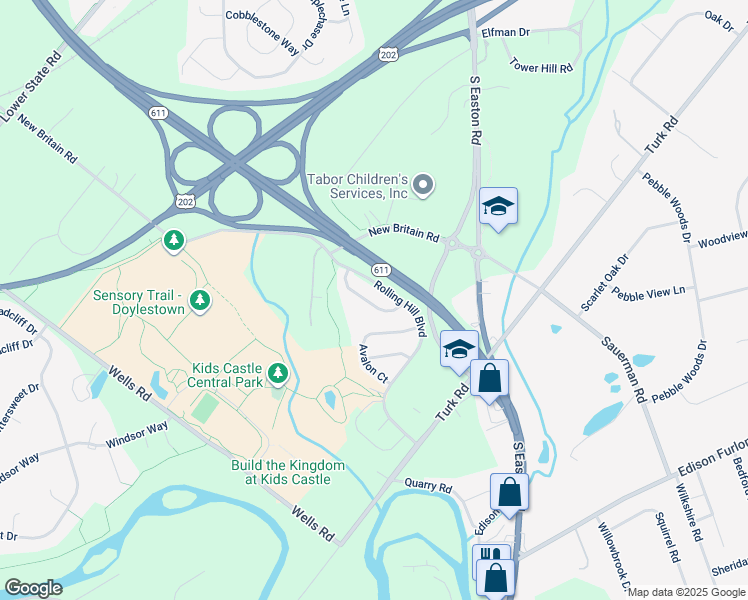 map of restaurants, bars, coffee shops, grocery stores, and more near 35 Charter Oak Court in Doylestown