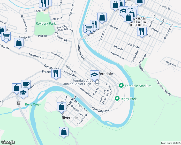 map of restaurants, bars, coffee shops, grocery stores, and more near 224 Lincoln Street in Johnstown