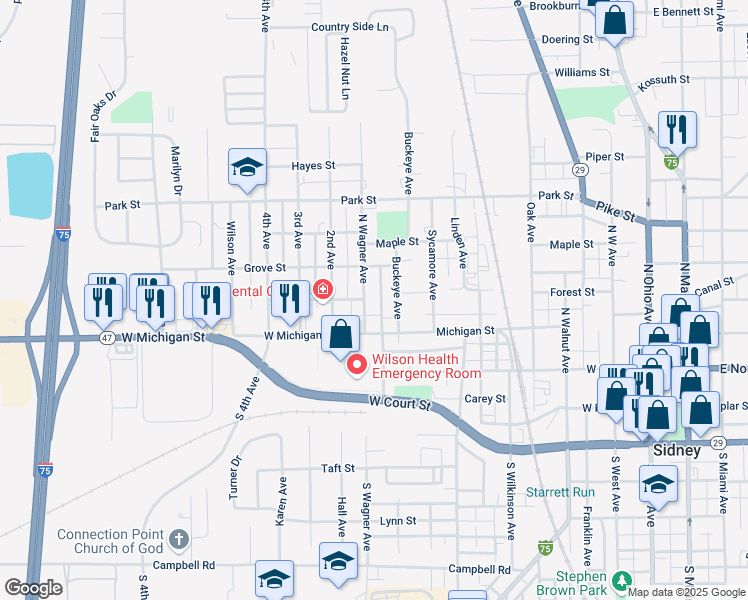 map of restaurants, bars, coffee shops, grocery stores, and more near 301-499 Buckeye Ave in Sidney
