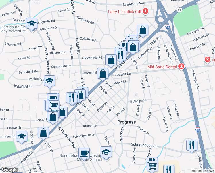 map of restaurants, bars, coffee shops, grocery stores, and more near 62 Park Street in Harrisburg