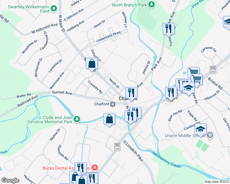 map of restaurants, bars, coffee shops, grocery stores, and more near 152 North Main Street in Chalfont